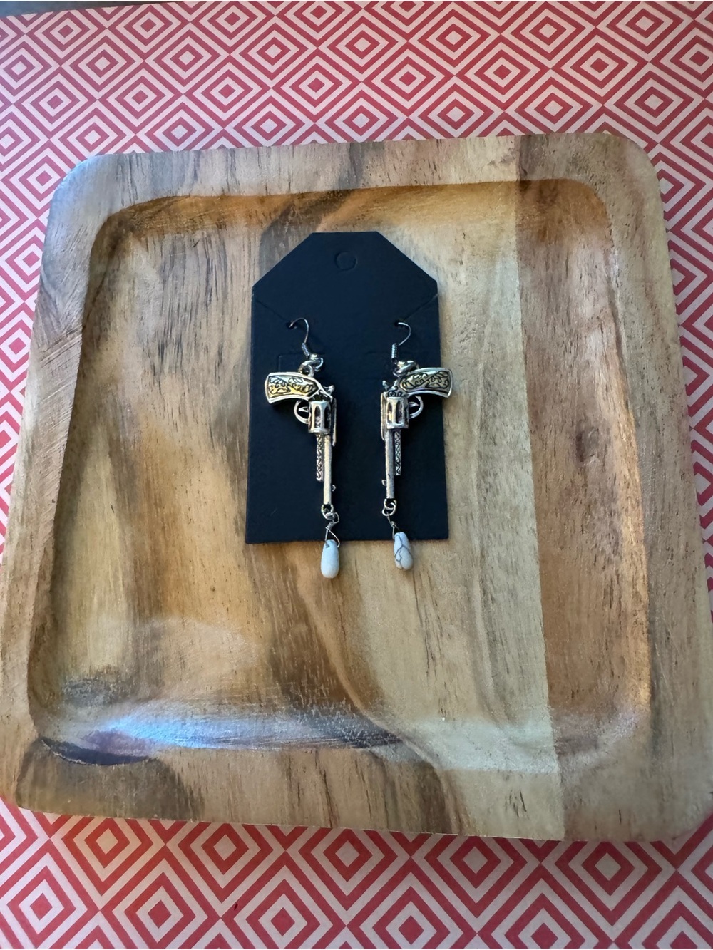 Gold Revolver Dangle Earrings with White Stone Charm